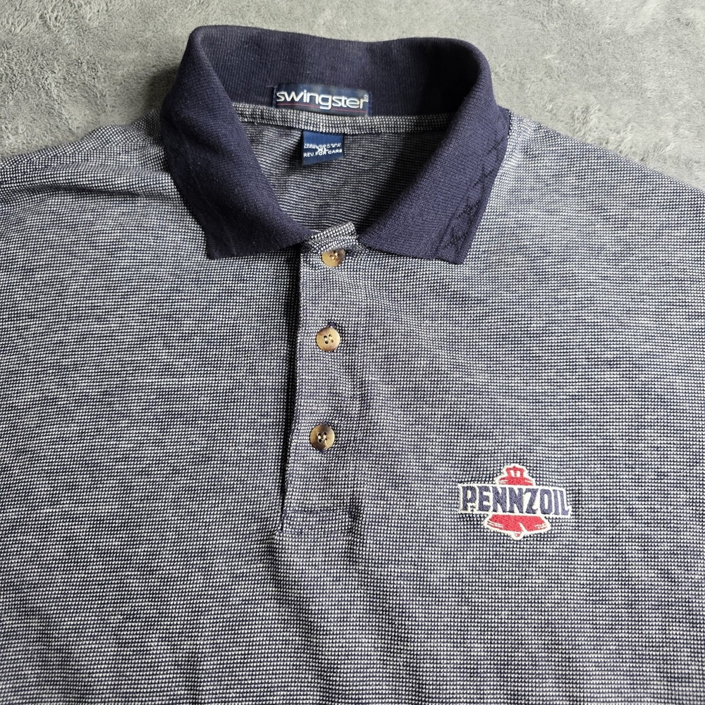 Vintage Swingster Pennzoil Polo Mens XL Navy Blue Short Sleeve Made In USA